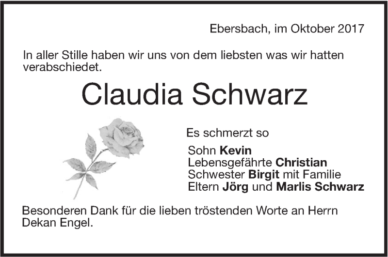  Traueranzeige für Claudia Schwarz vom 27.10.2017 aus NWZ Neue Württembergische Zeitung