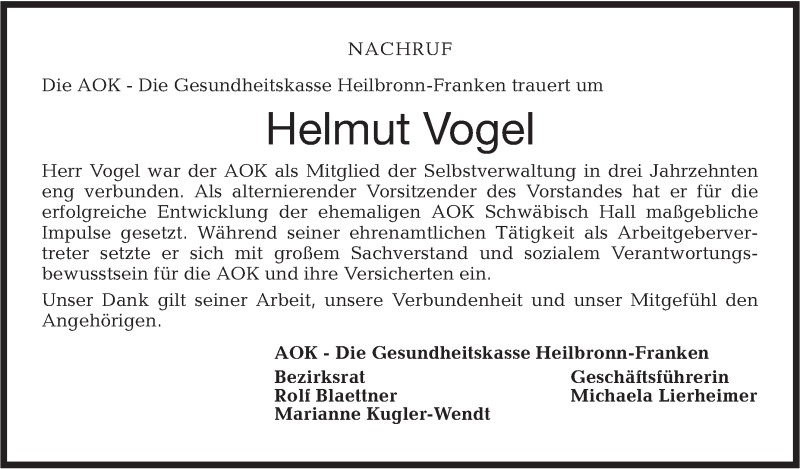  Traueranzeige für Helmut Vogel vom 11.10.2017 aus Südwest Presse