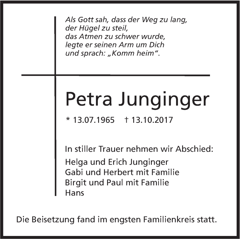  Traueranzeige für Petra Junginger vom 21.10.2017 aus SÜDWEST PRESSE Ausgabe Ulm/Neu-Ulm