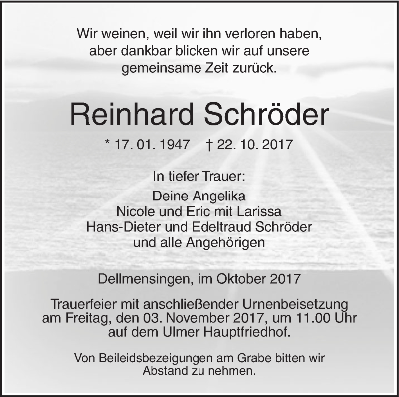  Traueranzeige für Reinhard Schröder vom 30.10.2017 aus SÜDWEST PRESSE Ausgabe Ulm/Neu-Ulm