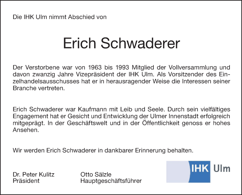  Traueranzeige für Erich Schwaderer vom 10.11.2017 aus SÜDWEST PRESSE Ausgabe Ulm/Neu-Ulm