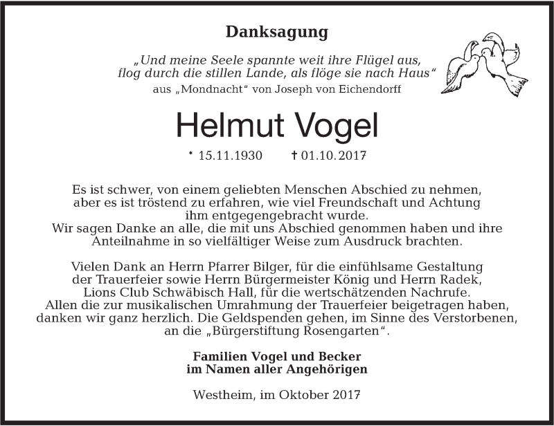  Traueranzeige für Helmut Vogel vom 04.11.2017 aus Haller Tagblatt