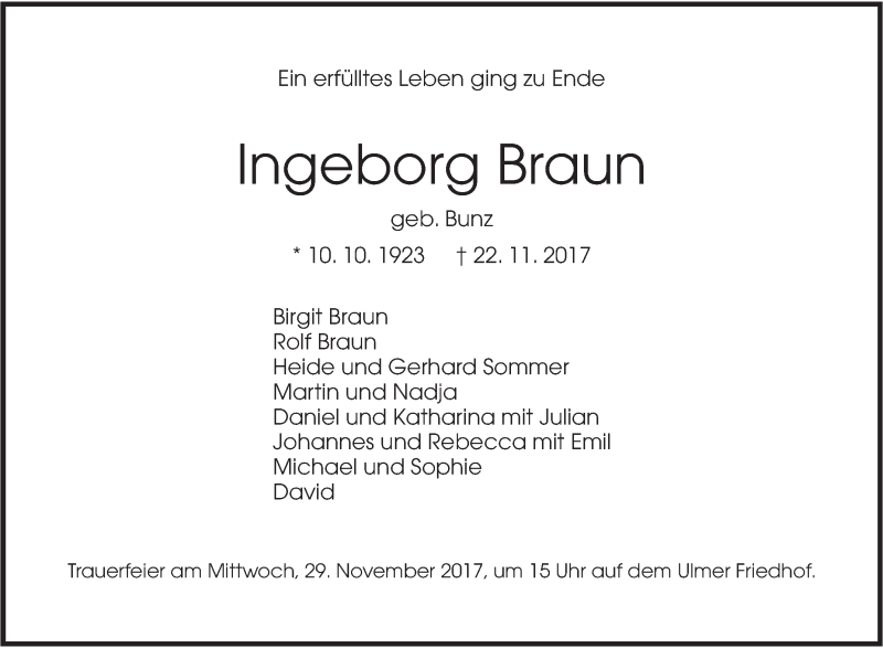 Traueranzeige für Ingeborg Braun vom 24.11.2017 aus SÜDWEST PRESSE Ausgabe Ulm/Neu-Ulm