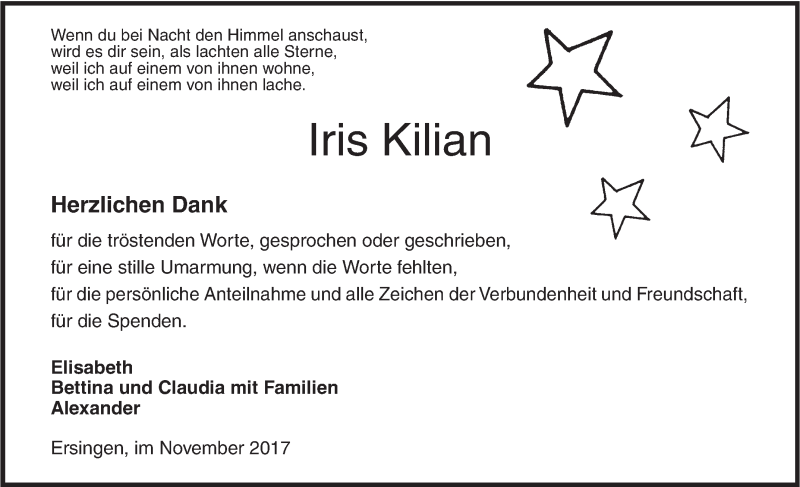  Traueranzeige für Iris Kilian vom 25.11.2017 aus SÜDWEST PRESSE Ausgabe Ulm/Neu-Ulm