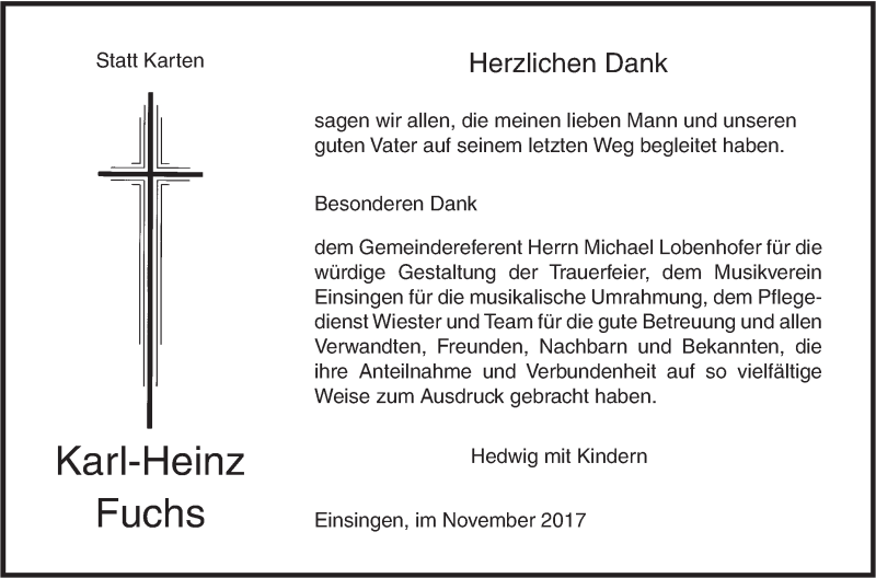  Traueranzeige für Karl-Heinz Fuchs vom 25.11.2017 aus SÜDWEST PRESSE Ausgabe Ulm/Neu-Ulm