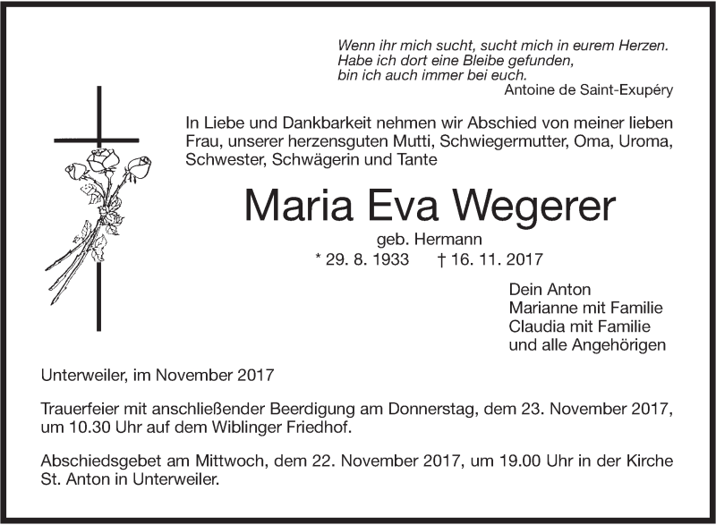  Traueranzeige für Maria Eva Wegerer vom 21.11.2017 aus SÜDWEST PRESSE Ausgabe Ulm/Neu-Ulm