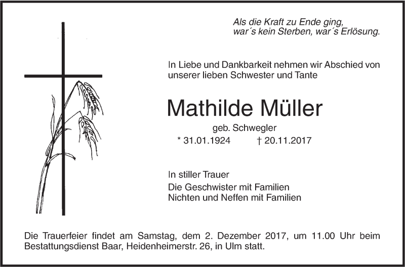  Traueranzeige für Mathilde Müller vom 25.11.2017 aus SÜDWEST PRESSE Ausgabe Ulm/Neu-Ulm