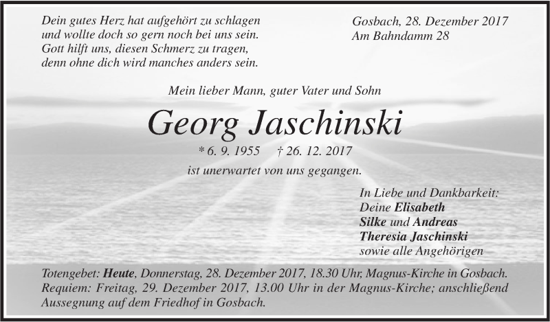  Traueranzeige für Georg Jaschinski vom 28.12.2017 aus Geislinger Zeitung