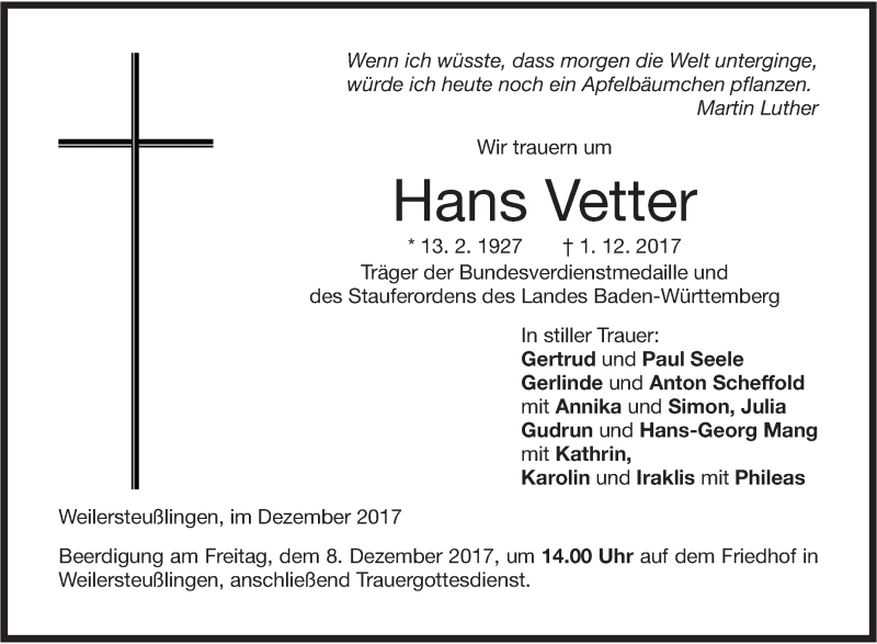  Traueranzeige für Hans Vetter vom 04.12.2017 aus SÜDWEST PRESSE Ausgabe Ulm/Neu-Ulm