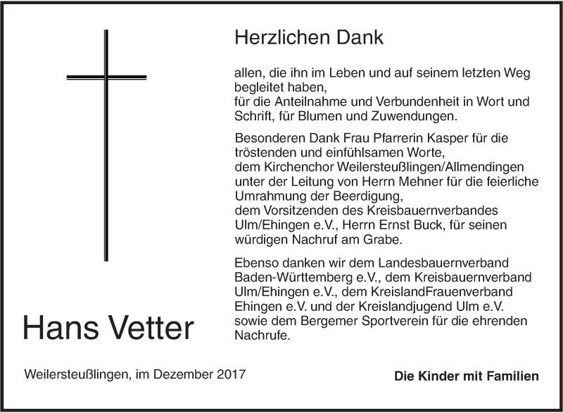  Traueranzeige für Hans Vetter vom 23.12.2017 aus SÜDWEST PRESSE Ausgabe Ulm/Neu-Ulm