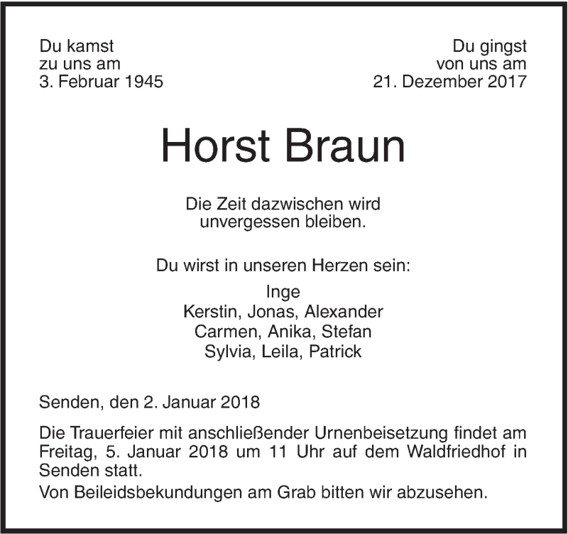  Traueranzeige für Horst Braun vom 02.01.2018 aus SÜDWEST PRESSE Ausgabe Ulm/Neu-Ulm