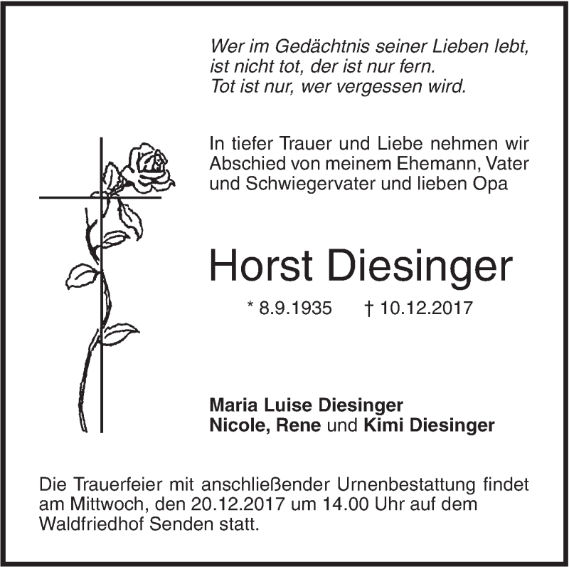  Traueranzeige für Horst Diesinger vom 15.12.2017 aus SÜDWEST PRESSE Ausgabe Ulm/Neu-Ulm