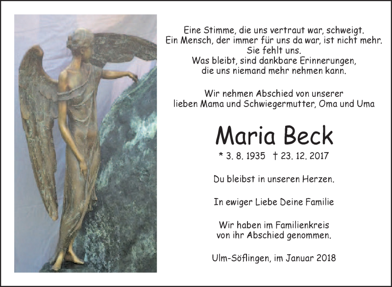  Traueranzeige für Maria Beck vom 05.01.2018 aus SÜDWEST PRESSE Ausgabe Ulm/Neu-Ulm