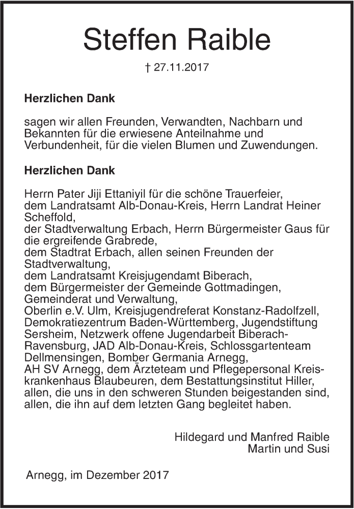  Traueranzeige für Steffen Raible vom 16.12.2017 aus SÜDWEST PRESSE Ausgabe Ulm/Neu-Ulm