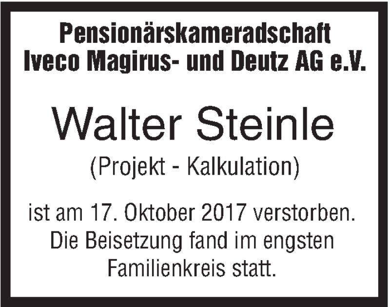  Traueranzeige für Walter Steinle vom 06.11.2017 aus SÜDWEST PRESSE Ausgabe Ulm/Neu-Ulm