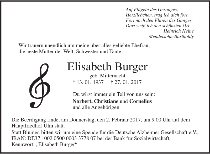  Traueranzeige für Elisabeth Burger vom 30.01.2017 aus Südwest Presse