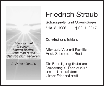 Traueranzeige von Friedrich Straub von Südwest Presse
