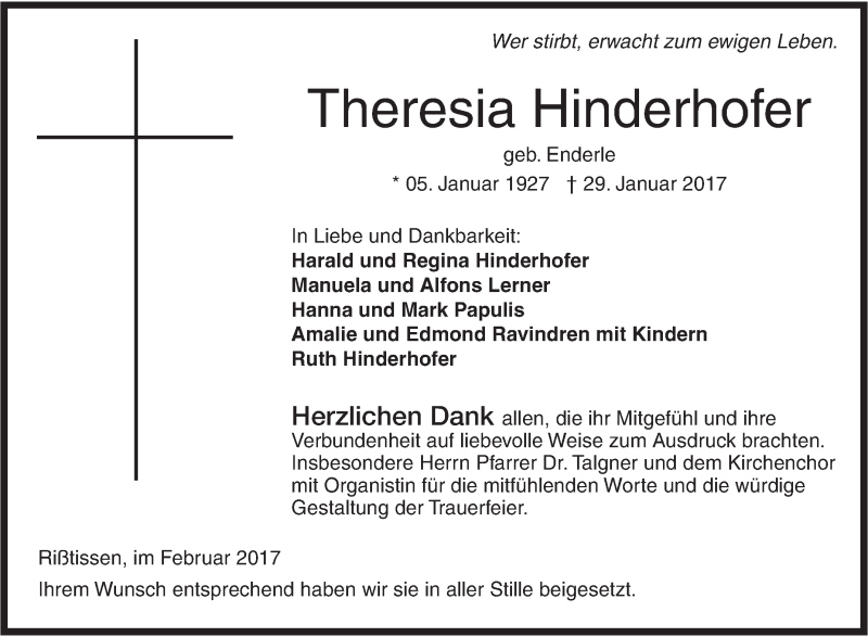  Traueranzeige für Theresia Hinderhofer vom 21.02.2017 aus Ehinger Tagblatt