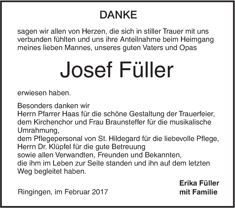 Traueranzeige für Josef Füller vom 27.02.2017 aus Ehinger Tagblatt