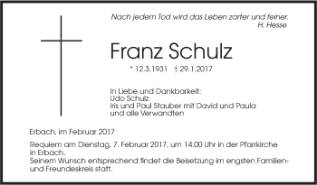 Traueranzeige von Franz Schulz von Südwest Presse