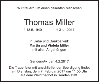 Traueranzeige von Thomas Miller von Südwest Presse