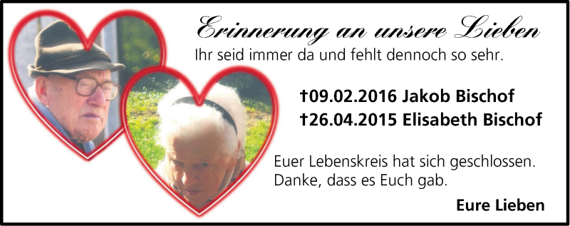  Traueranzeige für Jakob/Elisabeth Bischof vom 31.03.2017 aus Südwest Presse