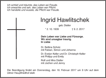 Traueranzeige von Ingrid Hawlitschek von Südwest Presse