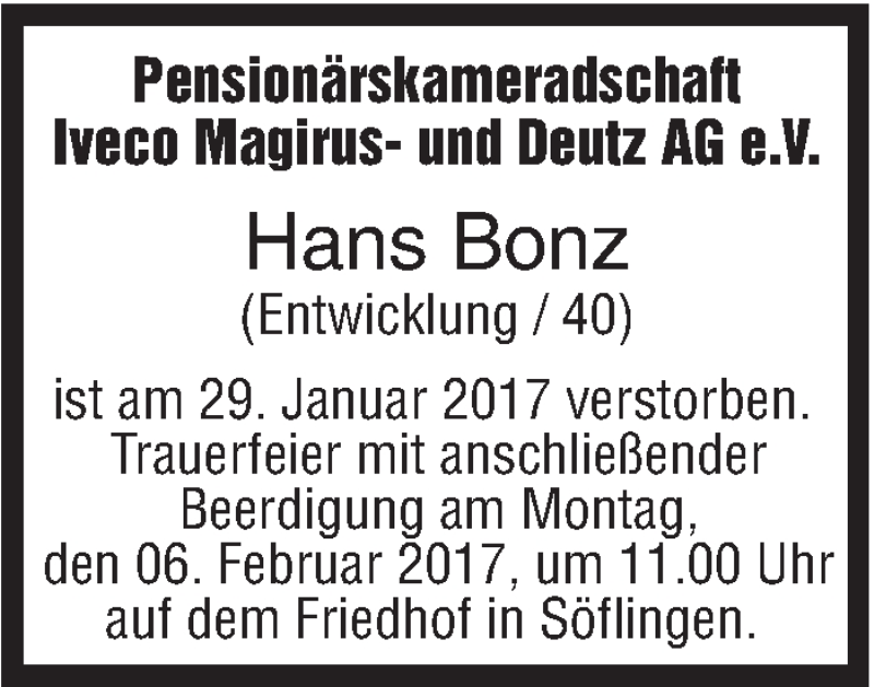 Traueranzeige für Hans Bonz vom 03.02.2017 aus Südwest Presse