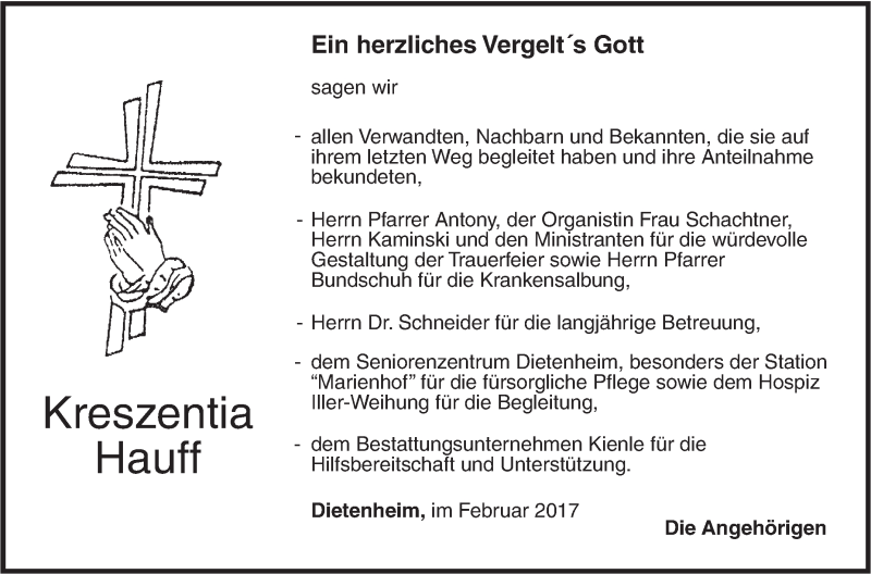  Traueranzeige für Kreszentia Hauff vom 25.02.2017 aus Illertal Bote