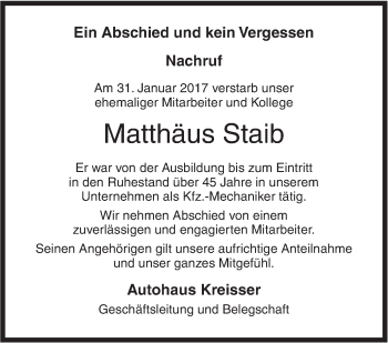 Traueranzeige von Matthäus Staib von Südwest Presse