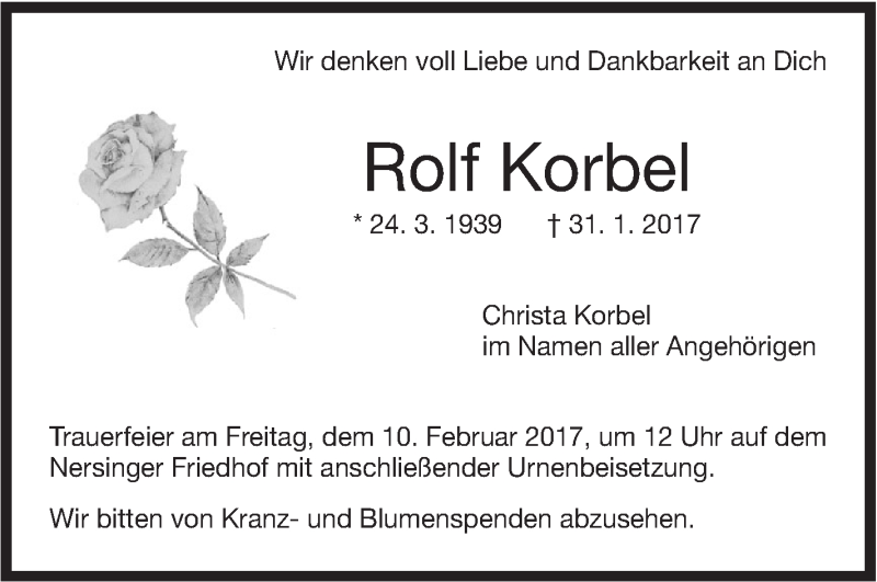  Traueranzeige für Rolf Korbel vom 04.02.2017 aus Südwest Presse