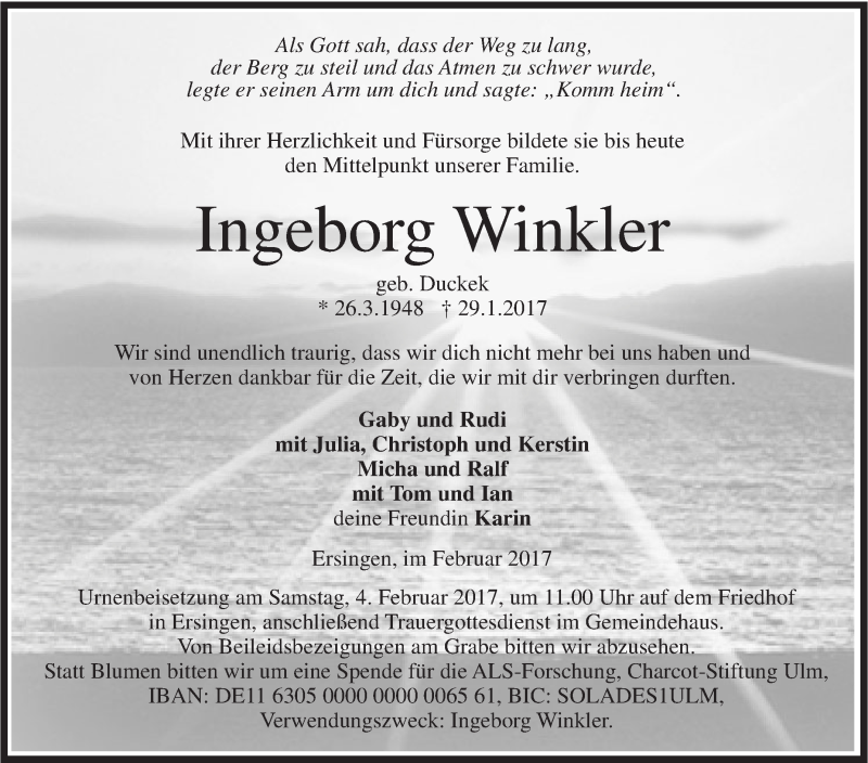  Traueranzeige für Ingeborg Winkler vom 01.02.2017 aus Südwest Presse