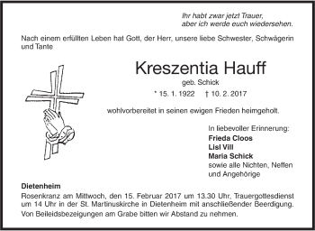 Traueranzeige von Kreszentia Hauff von Illertal Bote