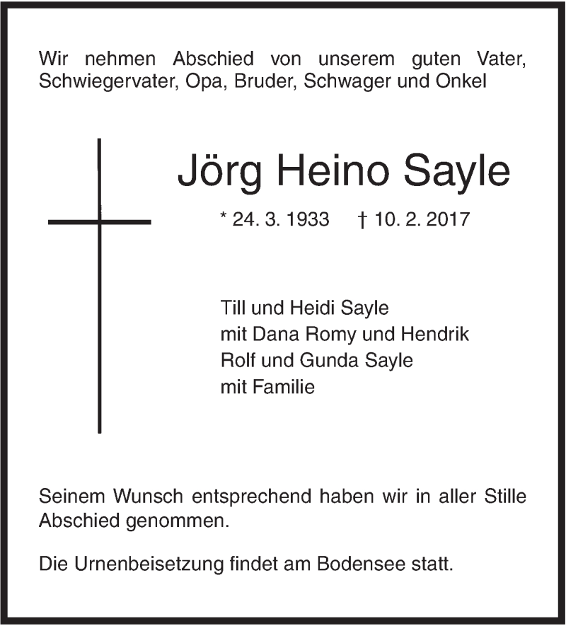  Traueranzeige für Jörg Heino Sayle vom 21.02.2017 aus Südwest Presse