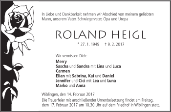 Traueranzeige von Roland Heigl von Südwest Presse
