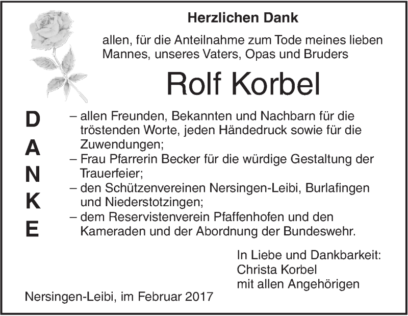  Traueranzeige für Rolf Korbel vom 17.02.2017 aus Südwest Presse
