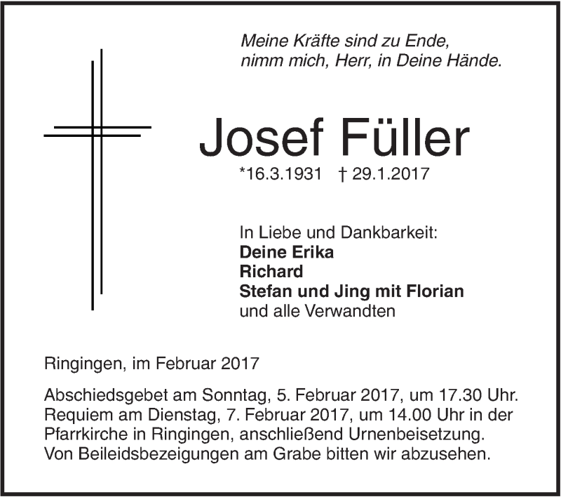  Traueranzeige für Josef Füller vom 03.02.2017 aus Südwest Presse