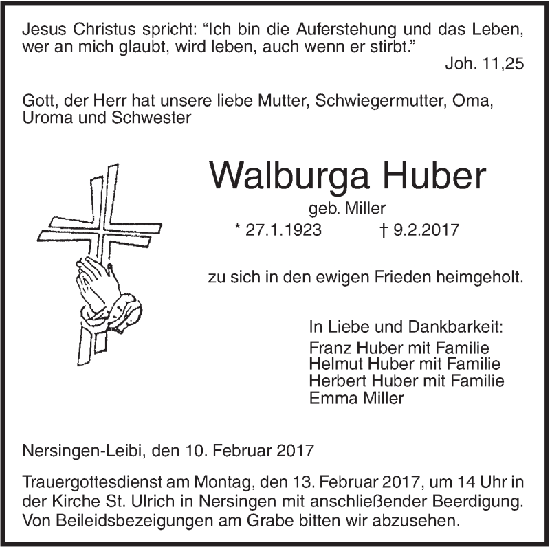  Traueranzeige für Walburga Huber vom 10.02.2017 aus Südwest Presse
