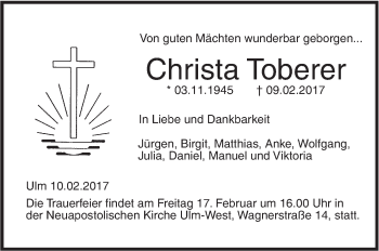 Traueranzeige von Christa Toberer von Südwest Presse