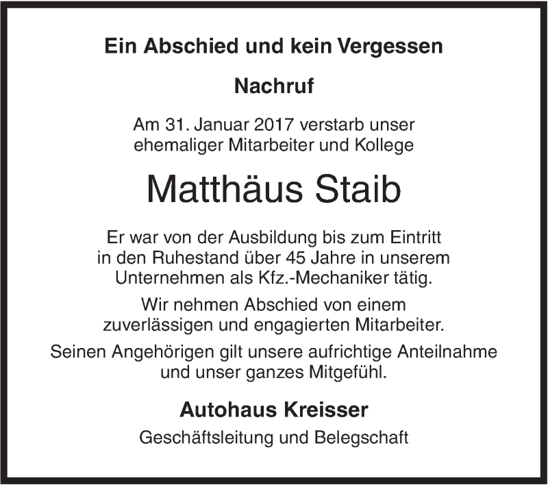 Traueranzeige für Matthäus Staib vom 11.02.2017 aus Südwest Presse