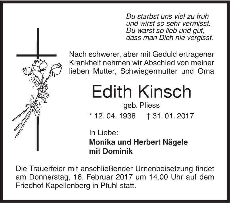  Traueranzeige für Edith Kinsch vom 11.02.2017 aus Südwest Presse
