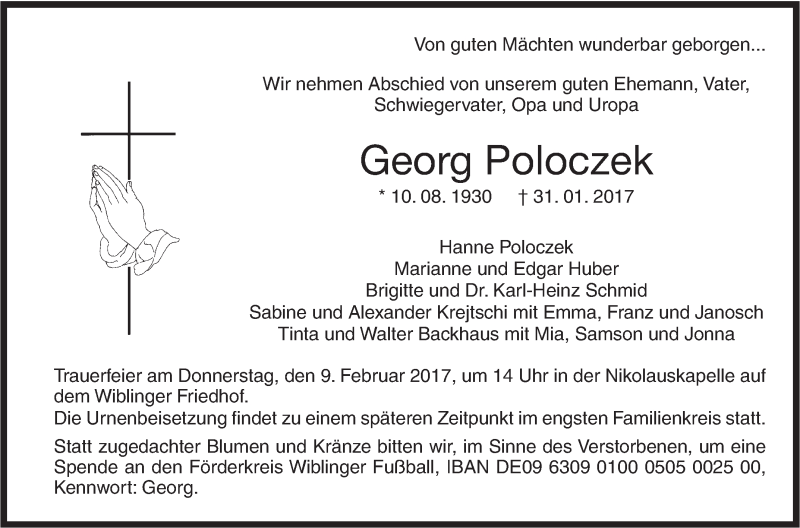  Traueranzeige für Georg Poloczek vom 06.02.2017 aus Südwest Presse