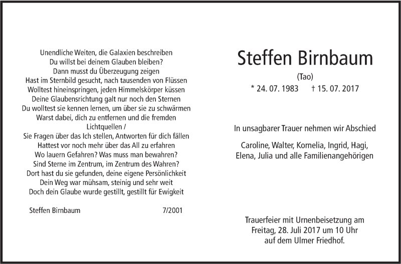  Traueranzeige für Steffen Birnbaum vom 22.07.2017 aus Südwest Presse