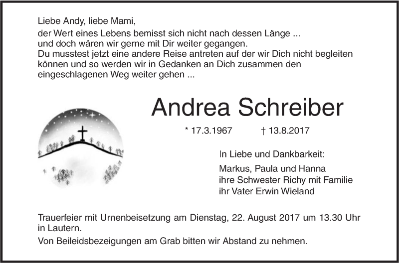  Traueranzeige für Andrea Schreiber vom 18.08.2017 aus Südwest Presse