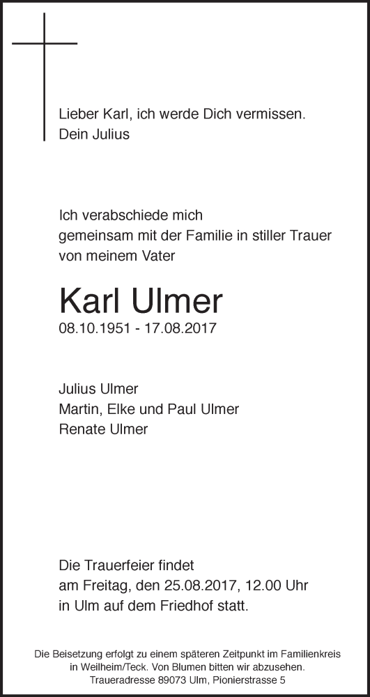  Traueranzeige für Karl Ulmer vom 19.08.2017 aus Südwest Presse