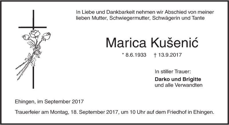  Traueranzeige für Marica Kušenic vom 15.09.2017 aus Ehinger Tagblatt