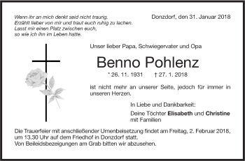 Traueranzeige von Benno Pohlenz von NWZ Neue Württembergische Zeitung