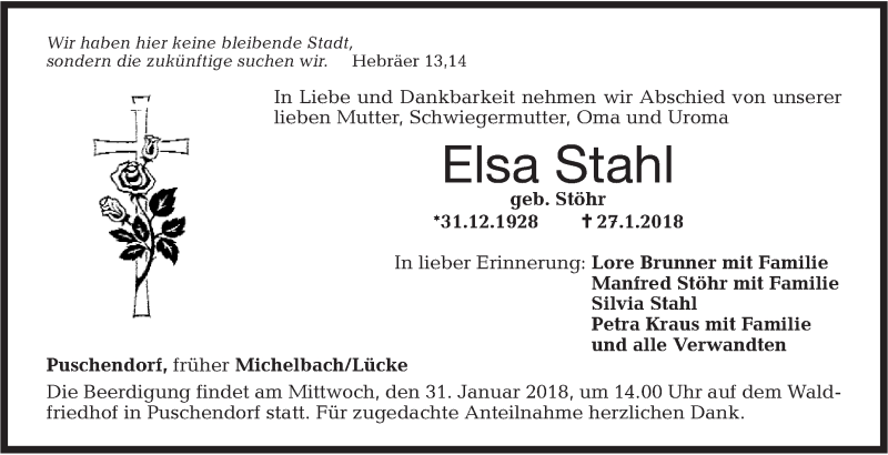  Traueranzeige für Elsa Stahl vom 30.01.2018 aus Hohenloher Tagblatt