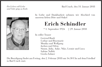 Traueranzeige von Erich Schindler von Metzinger-Uracher Volksblatt