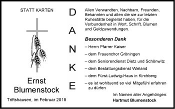 Traueranzeige von Ernst Blumenstock von Hohenloher Tagblatt